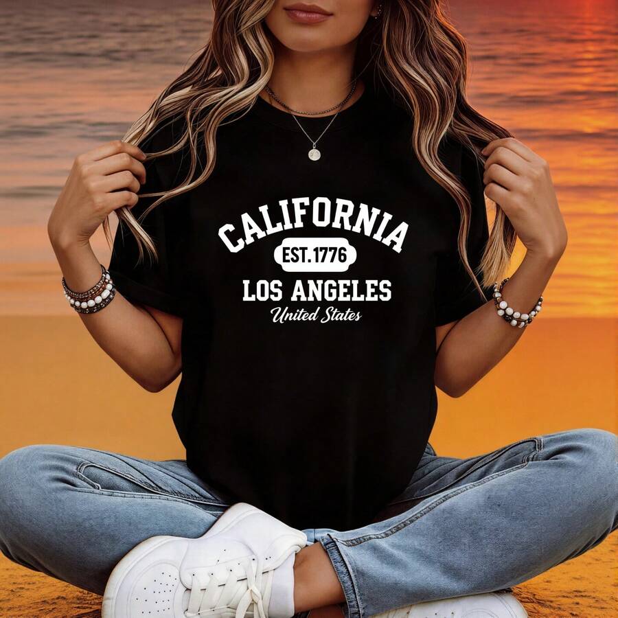 Cute T-Shirts For Women, California Est. 1776 Los Angeles USA Print Design, Loose-Fitting, Comfortable Loungewear | Lightweight Summer Top - 黑色 - 查看 1