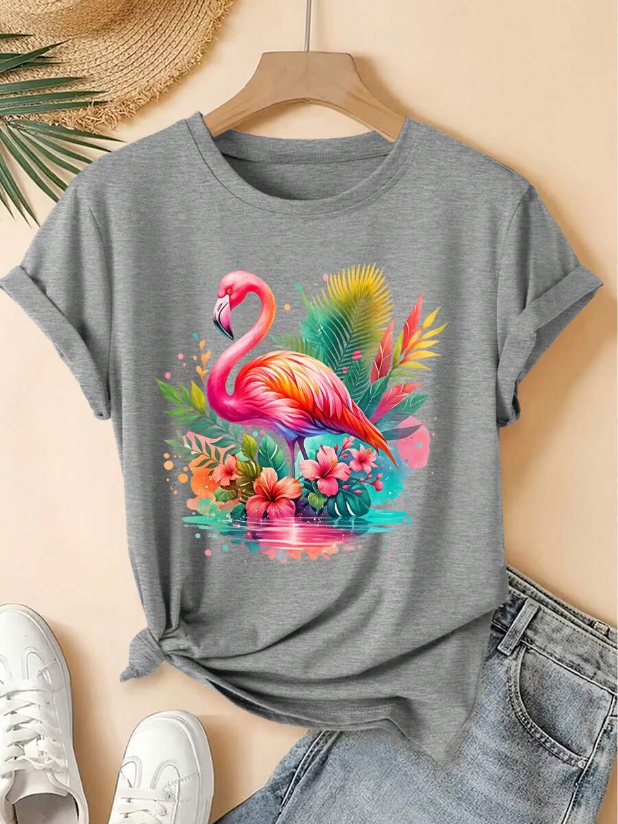 Camiseta para mujer con estampado de flamenco vintage - Top suave retro de manga corta compatible con blusa| No apta para ropa casual de primavera, verano y otoño| Estilo de blusa juvenil lavable a máquina para atuendos diarios y ropa de entrenamiento - Gris Claro - Ver 1