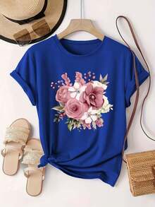 Plus Size - Plus Size - 0-8XL Plus Size Casual Fashion Printed T-Shirt Women's Clothing, Modern Base Layer Daily Outing Casual Wear For All Seasons Short Sleeve T-Shirt Multicolor Optional Women's Soft Pink Floral Anime T-Shirt - Pastel Pink Blouse - 皇家藍 - 查看 6