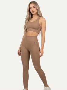 Women's Two-Piece Ribbed Design Activewear Set, Fitness Set, Workout Set, Legging And Top Set With Back Adjuster - 駝色 - 查看 6