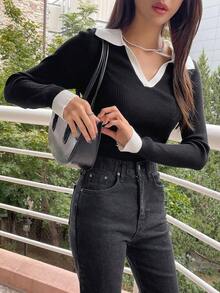 Suéter de punto acanalado con estampado de rayas, ropa de otoño - Negro - Ver 4