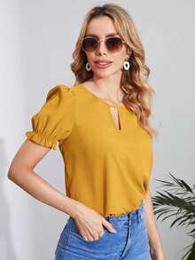 Blusa con cuello de ojal y manga abullonada, blusas de manga corta - Mostaza Amarilla - Ver 4