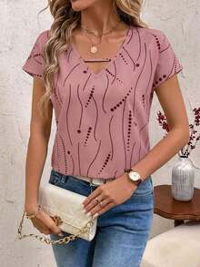 Blusa de mujer con detalles de rayas de contraste y calados, top de manga corta - Rosa 2 - Ver 5
