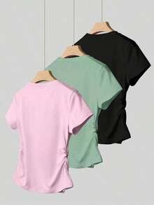 Set de 3 piezas de blusas para mujer para exteriores, en rojo, negro y blanco, nuevas llegadas de verano, camiseta ajustada con pliegues, de estilo elegante y versátil, de vuelta al colegio, que llama mucha la atención, camiseta de manga corta de v - Multicolor 6 - Ver 2