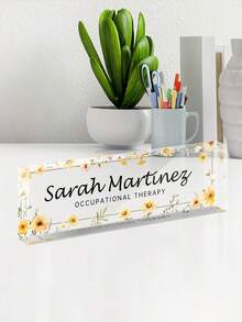 Customized Watercolor Floral Acrylic Desk Nameplate, Customizable Name & Position, Transparent Desktop Display Sign With Personalized Floral Pattern Acrylic Desk Plaque, Office Workstation Decoration Display Sign - Multicolor - View 7