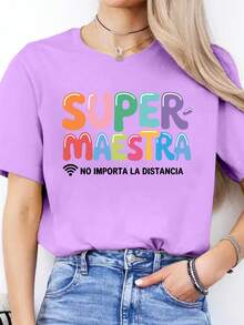 Blusa casual para mujer con estampado de letras en español, camiseta casual de primavera/verano, camiseta deportiva de manga corta con cuello redondo, tops de algodón para mujer. - Verde - Ver 11