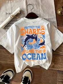 Camiseta con estampado de tiburón, casual y cómoda, cuello redondo, manga corta, top de mujer para primavera y verano Recomendado por mucha gente Look ganador Ideal para todas las estaciones LLV3 - Blanco - Ver 1