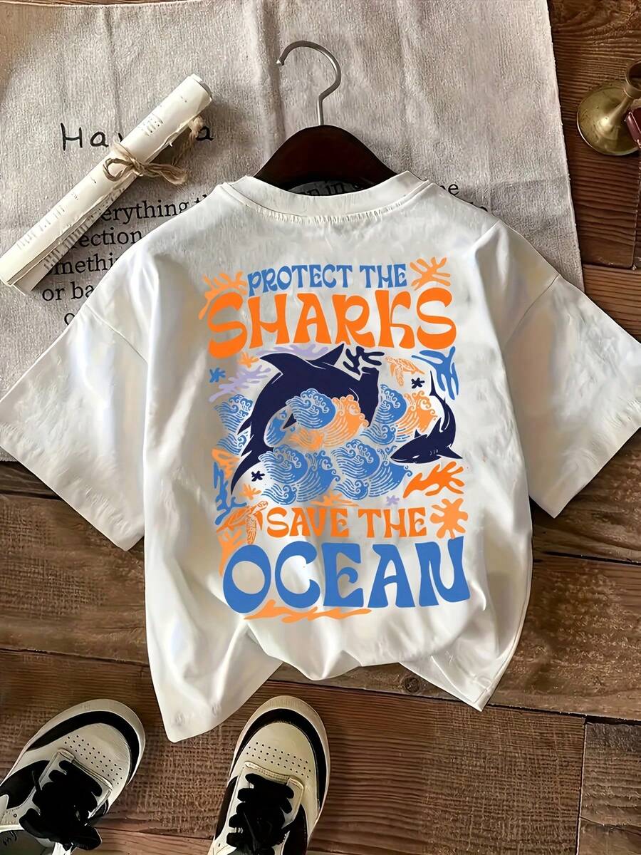 Camiseta con estampado de tiburón, casual y cómoda, cuello redondo, manga corta, top de mujer para primavera y verano Recomendado por mucha gente Look ganador Ideal para todas las estaciones LLV3 - Blanco - Ver 1