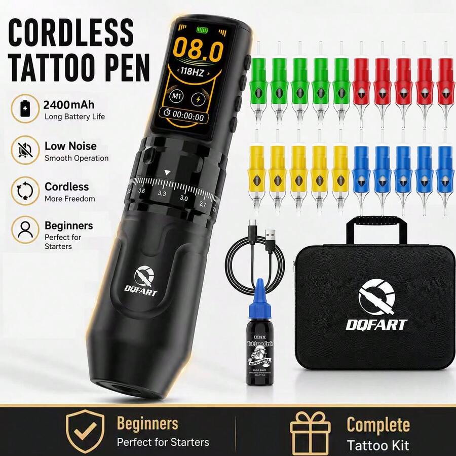 DQFART纹身套装,2400mAh无线纹身机,具备普通/启动/点刺三种工作模式,LED数字显示屏,包含20支专业纹身针(RL/RS/RM/M1)和1瓶30ml(1盎司)专业纹身墨水,专为纹身艺术家设计。 - 黑色 - 查看 1