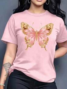 Camiseta playera grafica dama mujer estampado mariposa dorada y rosa mariposas primavera verano dia noche casual corte holgado cuello redondo manga corta material suavePure-Cotton - Rojo - Ver 7