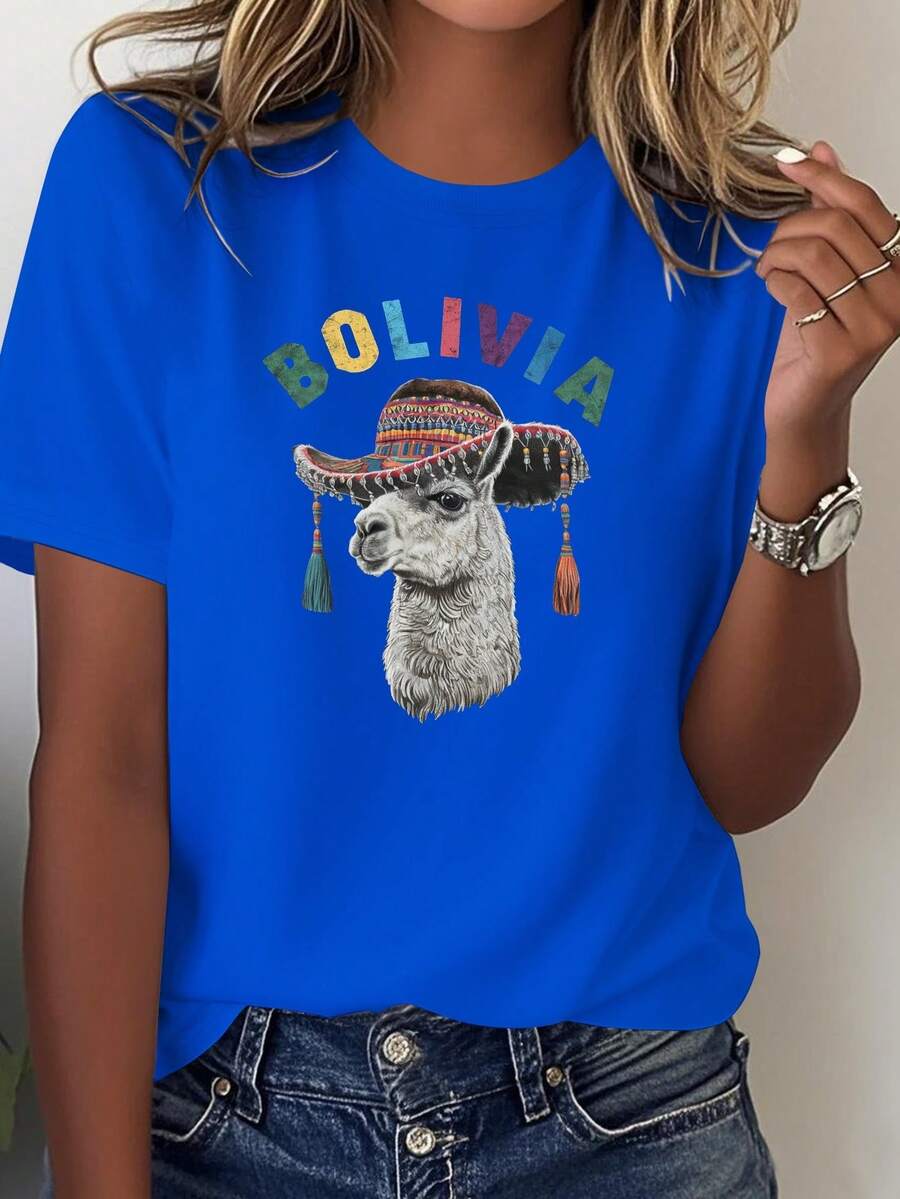 Comfortable Solid Color T-Shirt For Women, With A Colorful Design Of Andean Hat And Bolivian Alpaca. - 藍色 - 查看 1