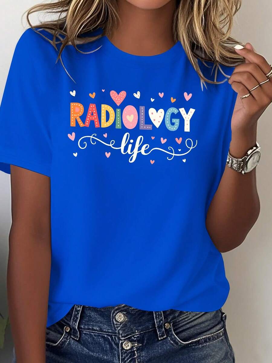 Women's Radiology Themed T-Shirt - 100% Comfortable, Colorful Heart And X-Ray Design, Casual Workwear For Radiologists, Technicians And Medical Professionals (Machine Washable), Geometric Pattern, Suitable For All Seasons, Loose Fit, Fun Heart Elements, Do Not Dry Clean. - Blue - View 1