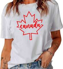 Women's Casual Cotton T-Shirt With Canadian Flag And Heart Print, Short Sleeve, Round Neck, Drop Shoulder, Cute Summer Garment With Slightly Stretchy Fabric - 白色 2 - 查看 3