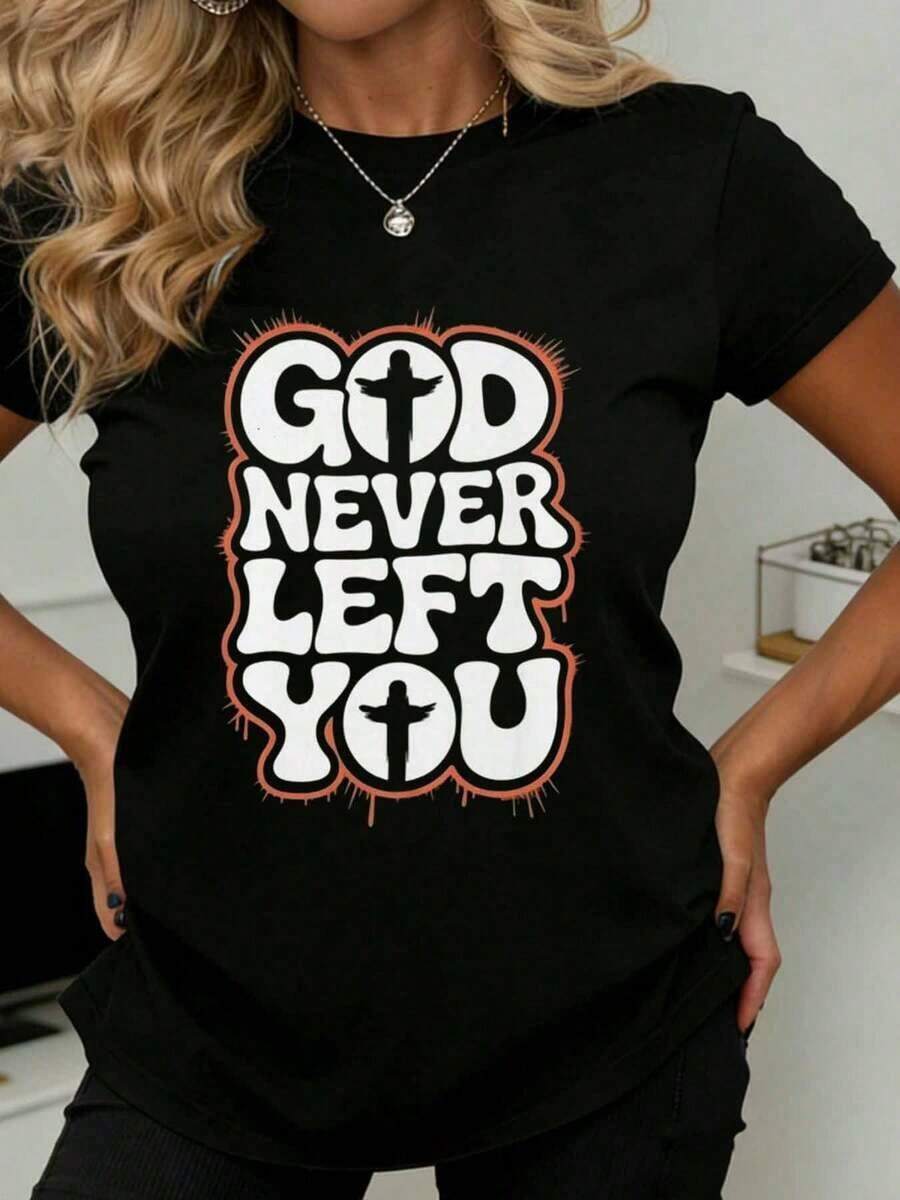 T-Shirt With The Phrase "God Never Abandoned You" For Women And Men, With A Cross Design, Perfect For Religious Inspiration And Everyday Use, Suitable For A Casual And Active Lifestyle. - 黑色 - 查看 1