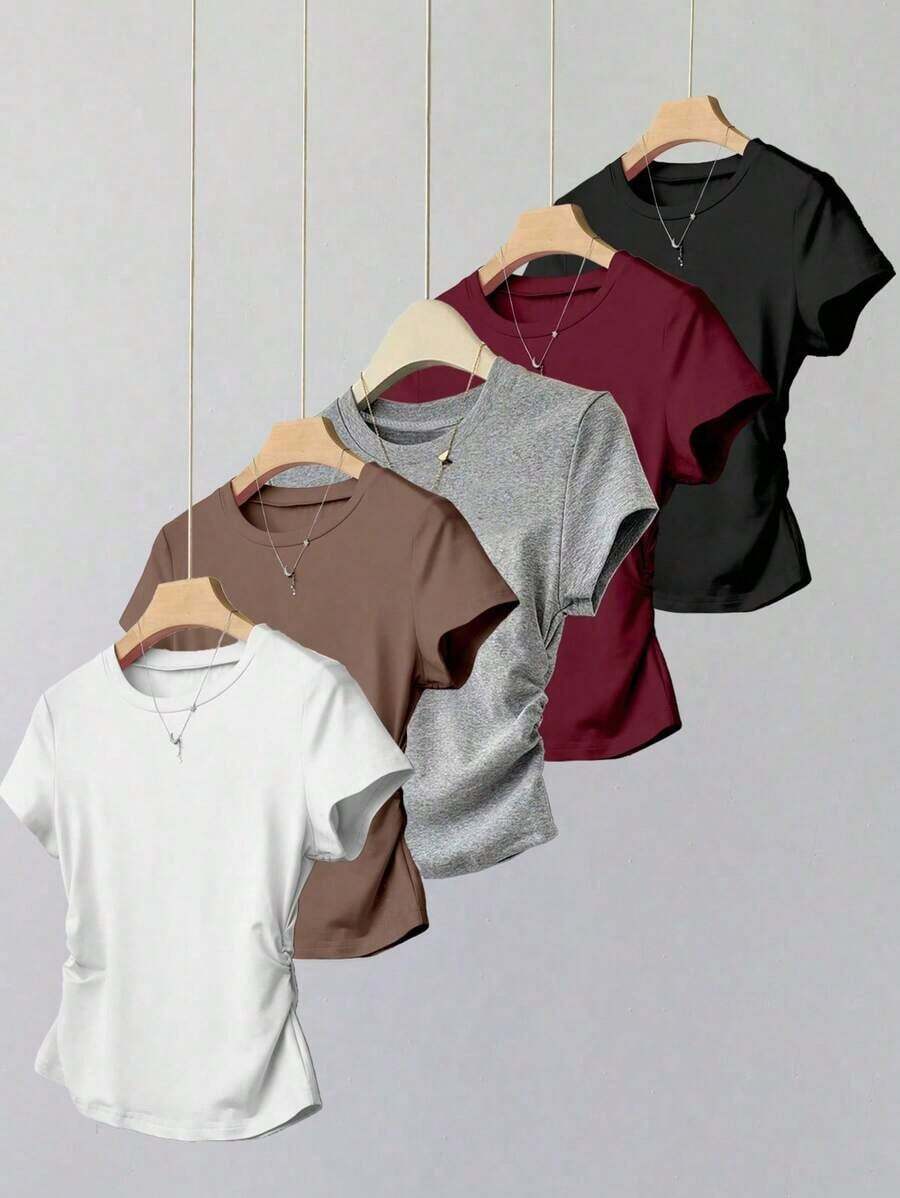 Explorewe 5pcs/Set Teenage Girls' Solid Color Short Sleeve T-Shirt With Ruched Side, Casual, Suitable For School, Outing, Campus Life, Ins Style Top Teen Girls T Shirts Teen Girl Clothes Pack Of Tops - 彩色 - 查看 1