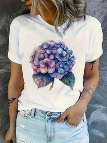 Women's T-Shirt, Casual Short-Sleeved T-Shirt For Women, Printed With Bright Hydrangea Motifs - Black, Round Neck, Lightweight And Stretchy, Summer Style, Summer Top. | Hydrangea Print Top | Women's Stretchy Tops - 黑色 - 查看 7