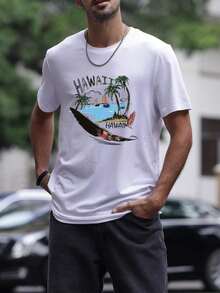Men's Hawaiian Design T-Shirt - Oversized Tropical Beach Style - White - View 2