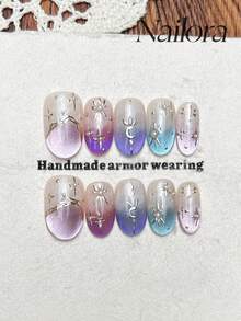 10pcs Handmade Oval Press-On Nails, Short Acrylic Fake Nails, Pink Purple Blue Cat Eye Irregular Line Star Moon Pearl Nail Art, Summer DIY Nails For Party, Daily, Date, Vacation, Women Girls Gift Nail Supplies - Multicolor - View 3