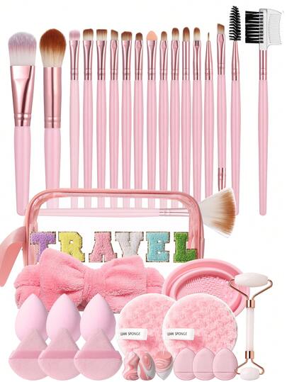 Bộ dụng cụ trang điểm 33 món bao gồm: Bộ 18 cọ trang điểm + 1 túi đựng mỹ phẩm và đồ dùng cá nhân đa năng có khóa kéo chống thấm nước + 1 băng đô + 1 dụng cụ vệ sinh cọ trang điểm + 3 bông mút trang điểm + 3 bông phấn tam giác + 3 bông mút trang điểm mini + 3 bông phấn phủ mini + 1 con lăn massage