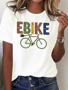 Camiseta estampada para mujer - Estilo 100% casual y cómodo, con diseño de la letra E y bicicleta, adecuada para ciclistas eléctricos para usar durante todo el año, lavable a máquina (opción ideal para entusiastas y personas que se desplazan al trabajo) - Corte holgado, diseño llamativo de la letra E y bicicleta, adecuada para usar en todas las estaciones, elegante y transpirable, ideal para ciclistas eléctricos y entusiastas. - Blanco - Ver 7