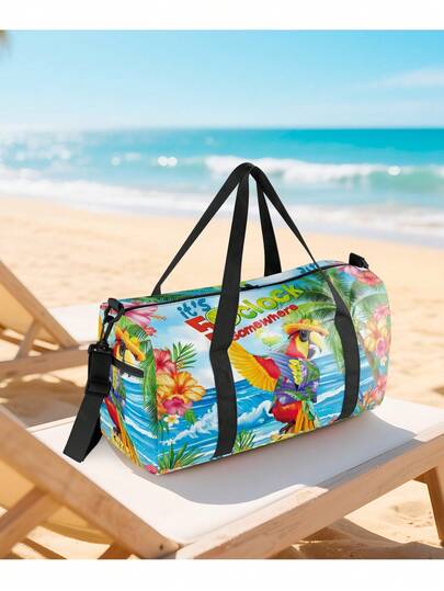 Túi tote phong cách nghỉ dưỡng Hawaii, túi hình trụ in họa tiết chim vẹt và cây cọ nhiệt đới, túi thể thao và du lịch nhẹ, thoải mái, đa năng, có thể gấp gọn, rộng rãi với nhiều ngăn, túi đeo chéo tập yoga, phù hợp cho thanh thiếu niên và người lớn, lựa chọn quà tặng tuyệt vời.