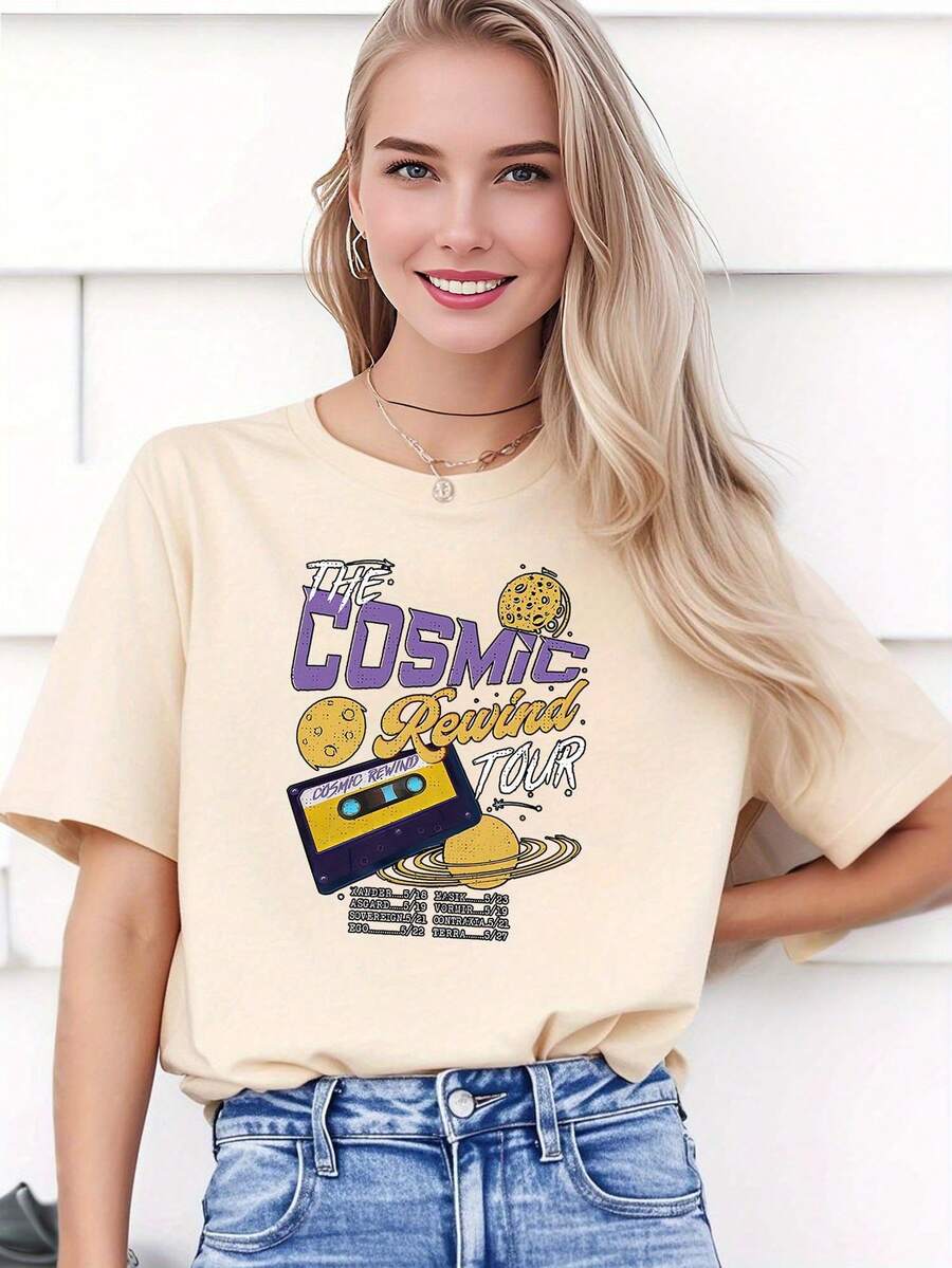 Camiseta Vintage para Mujer - Cosmic Retro Tour Cassette, Top Casual de Manga Corta | Diseño exquisito | Suelto y cómodo | Fácil de combinar | - Albaricoque - Ver 1
