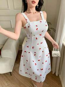Vestido de tirantes elegante con estampado de cerezas para mujer - Blanco - Ver 5