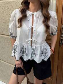 Blusa elegante con mangas abullonadas, lazo delantero y bordado, ideal para vacaciones o San Valentín - Albaricoque - Ver 3