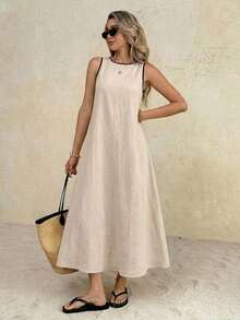 Frenchy Vestido largo casual de cuello redondo con ribete de contraste para fiestas y reuniones, vestidos de verano para mujer, vestidos de lino para mujer, vestidos casuales de verano para mujer, vestido largo sin mangas de verano elegante para vacaciones y playa, vestido largo sin mangas elegante para mujer casual de verano para vacaciones y playa, vestido largo sin mangas casual de verano para mujer elegante para playa y vacaciones, conjuntos de vacaciones para mujer, conjuntos de vacaciones de verano, traje casual, adecuado para uso diario. - Albaricoque - Ver 6