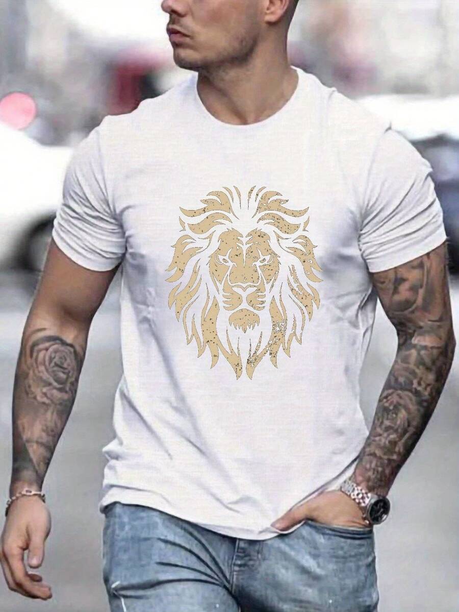 Men's Creative Lion Print T-Shirt, Plus Size, Casual Short Sleeve Crew Neck T-Shirt, Men's Summer Outdoor Clothing - 白色 - 查看 1