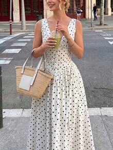 Amore Look For A Wedding Guest: Long Blue Dress With Floral Print, V-Neck, Sleeveless, High Waist And A-Line Silhouette, Perfect For Graduations, Parties, Summer Holidays Or An Elegant Afternoon Tea - 象牙白色 - 查看 2