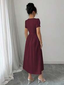 xheElenzga Vestido de manga larga de primavera/verano para mujer con cuello vuelto elegante trapezoidal, botones en la cintura, falda en línea A con pliegues y bajo con aberturaxhe - Granada - Ver 2
