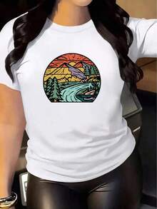 Camiseta casual naturaleza colorida paisaje montaña río estilo retro diseño gráfico cómoda trendy para mujeres talla S a XL moda verano artículos de vestir  2023 - Blanco - Ver 1