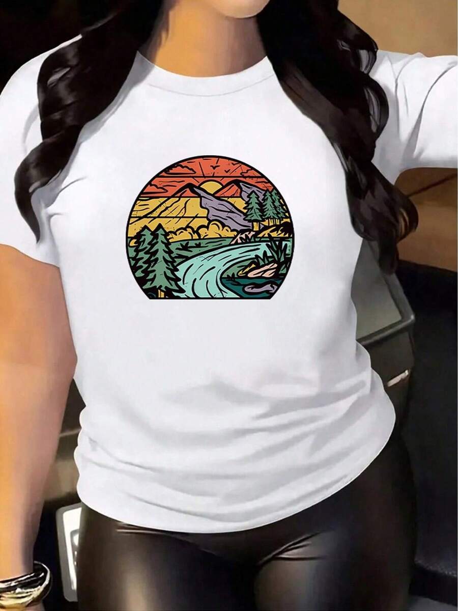 Camiseta casual naturaleza colorida paisaje montaña río estilo retro diseño gráfico cómoda trendy para mujeres talla S a XL moda verano artículos de vestir 2023 - Blanco - Ver 1