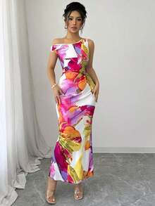 1 pieza Vestido ajustado con estampado floral y cintura ceñida en el hombro oblicuo - Rosa - Ver 10