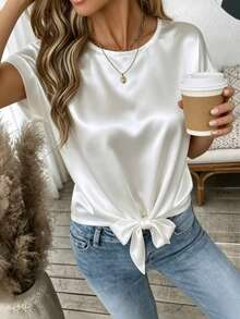 Women's Round Neck Short Sleeve Crop Top, Asymmetric Hem, Silk-Like Fabric White Summer - White - View 4