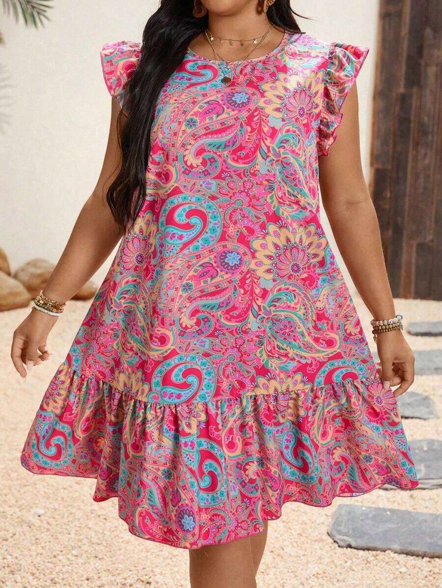 Vestido elegante de vacaciones de línea A con mangas con volantes, de tela arrugada blanca con estampado romántico de cerezas, talla grande - Multicolor - Ver 1