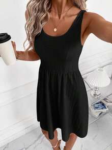 Vestido corto casual de mujer con cuello redondo y sin mangas con estampado de lunares - Negro - Ver 4