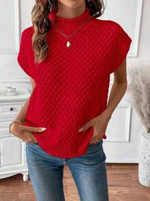 Suéter de punto de cuello redondo sin mangas de textura romántica roja elegante para el Día de San Valentín - Rojo - Ver 5