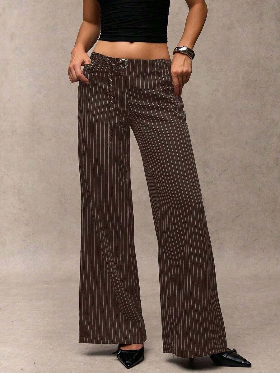Pantalones anchos de pierna casual marrón con decoración de cuentas/Pantalones de corte relajado, adecuados para vacaciones, viajes, salidas, verano - Café integral 2 - Ver 1