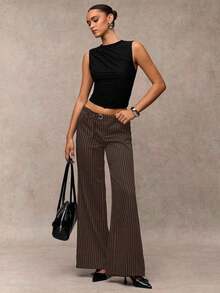 Pantalones anchos de pierna casual marrón con decoración de cuentas/Pantalones de corte relajado, adecuados para vacaciones, viajes, salidas, verano - Café integral 2 - Ver 4