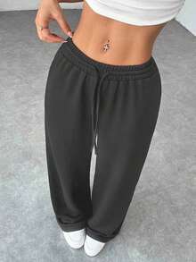 Pantalones de chándal de mujer de punto de unicolor, cómodos y casuales con pierna ancha - Gris Oscuro - Ver 1