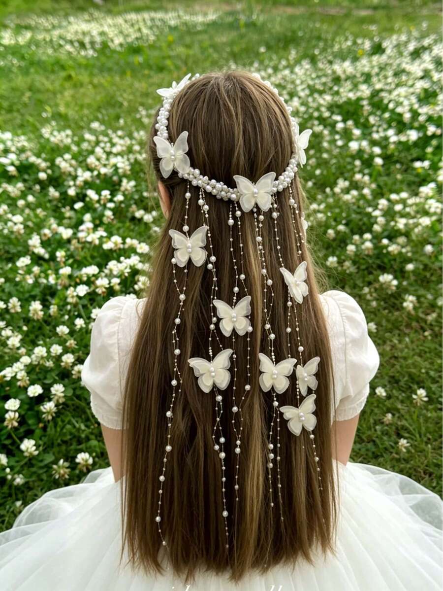 1 buah Hiasan Kepala Rantai Rambut Rumbai Manik-manik Mutiara Imitasi yang Cantik, Aksesori Rambut Anak Perempuan Gaya Peri Buatan Tangan untuk Pesta Pernikahan Pengantin, Liburan, Musim Semi, dan Fotografi - MultiWarna - View 1