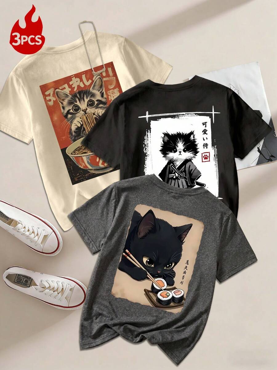 3件套加大码夏季新款休闲可爱猫咪吃拉面和寿司印花组合,简约圆领短袖黑色、杏色和深灰色T恤 - 黑色和杏色和深灰 - 查看 1