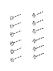 Set 12 Buah Anting Hidung Stainless Steel, Set Perhiasan Tindik Hidung Bulat Berkilau dengan Batu Zirkonia Kubik, Hadiah Pesta, Hadiah Hari Ibu - Perak - View 5