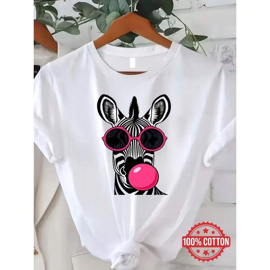 Camiseta con ilustración divertida de cebra con gafas de sol y chicle estilo pop art moderno S-XXXL - Blanco - Ver 1