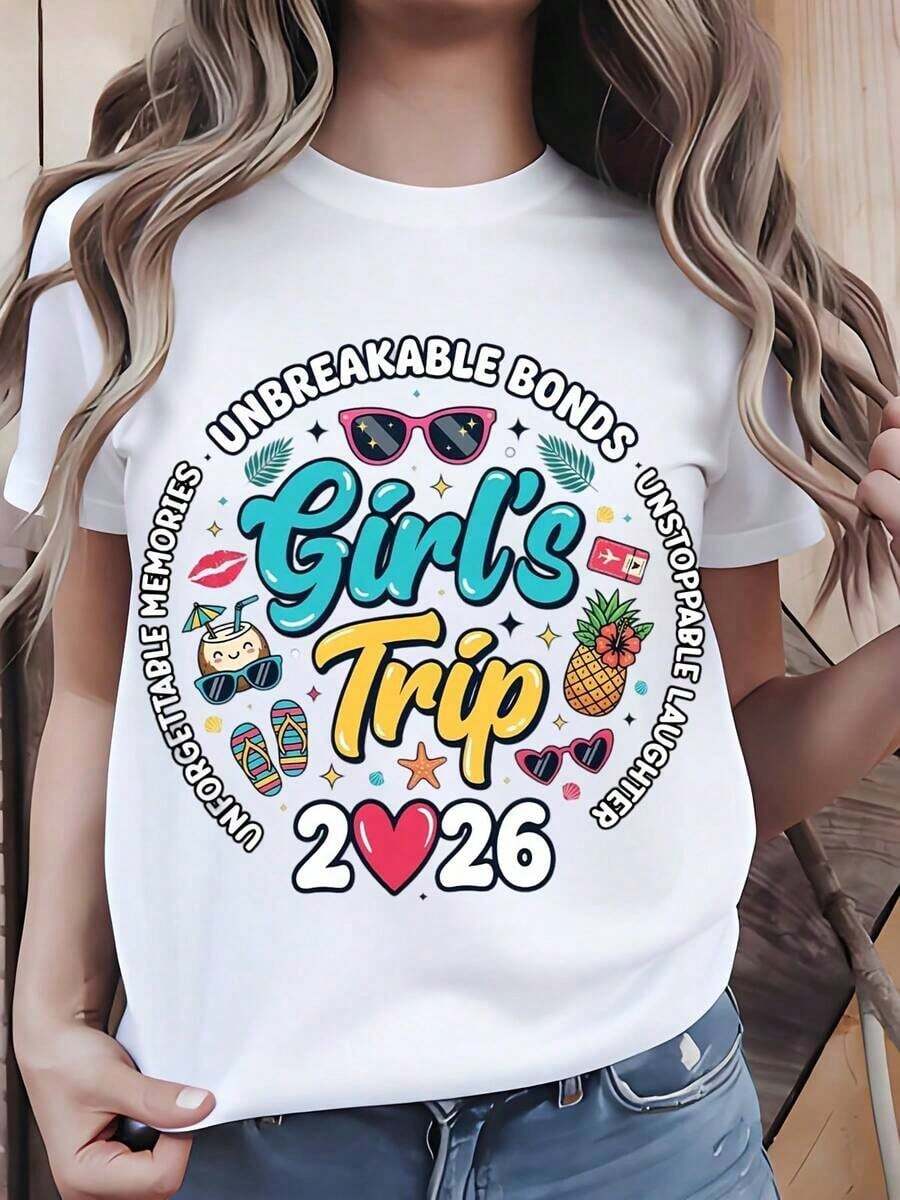 1 Piece Women's T-Shirt With "Girls Trip 2026" Design With The Phrase "Unbreakable Bonds And Unforgettable Memories", Round Neck, Short Sleeve, Casual Style For Summer Vacation And Bachelorette Parties, Perfect Gift For Best Friends And Sister Groups, Celebration Clothes, Festive Outfit, Medium Elasticity Fabric, 180g 100% Cotton. - 白色 - 查看 1