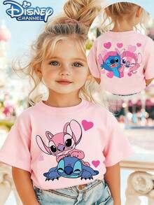 Disney's *Lilo & Stitch* Girls' T-Shirt - Double-Sided Print (Stitch & Angel), Featuring A Cute Pink Heart Pattern; Girls' Casual Pure Cotton Short-Sleeve Top. - 粉色 - 查看 1