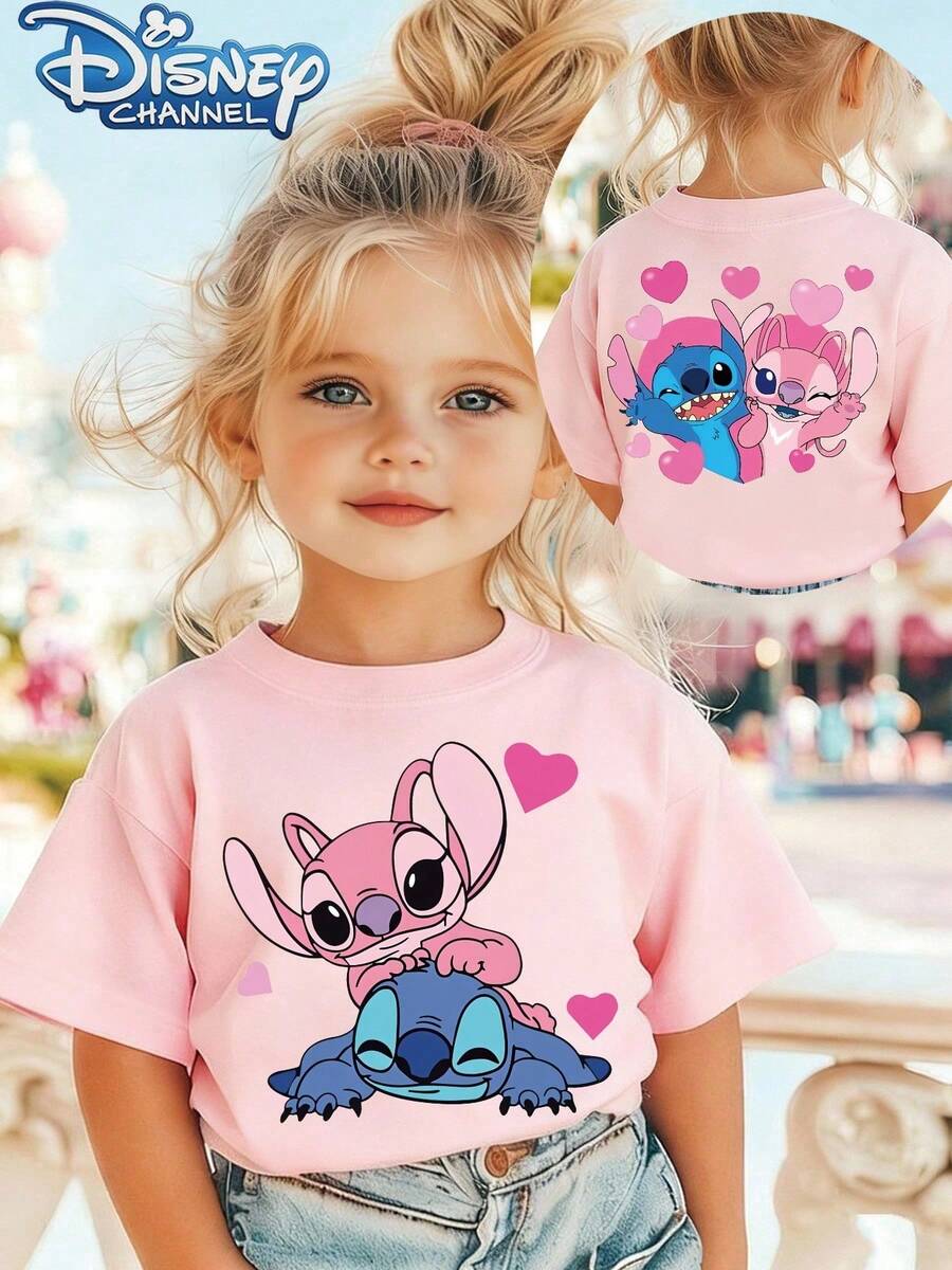 Disney's *Lilo & Stitch* Girls' T-Shirt - Double-Sided Print (Stitch & Angel), Featuring A Cute Pink Heart Pattern; Girls' Casual Pure Cotton Short-Sleeve Top. - 粉色 - 查看 1