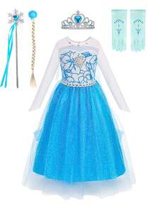 Set de 6 piezas para niñas: Vestido azul de manga larga con malla y flores, trenza de peluca, corona, varita mágica, guantes, conjunto de disfraz para fiesta de Navidad y carnaval - Azul - View 15